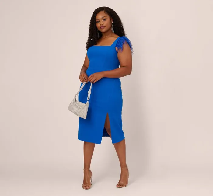 Adrianna Papell Formal Dresses Plus Size Knit Crepe Midi Dress With Feather Shoulder Accents In Dark Cobalt 8211 Women