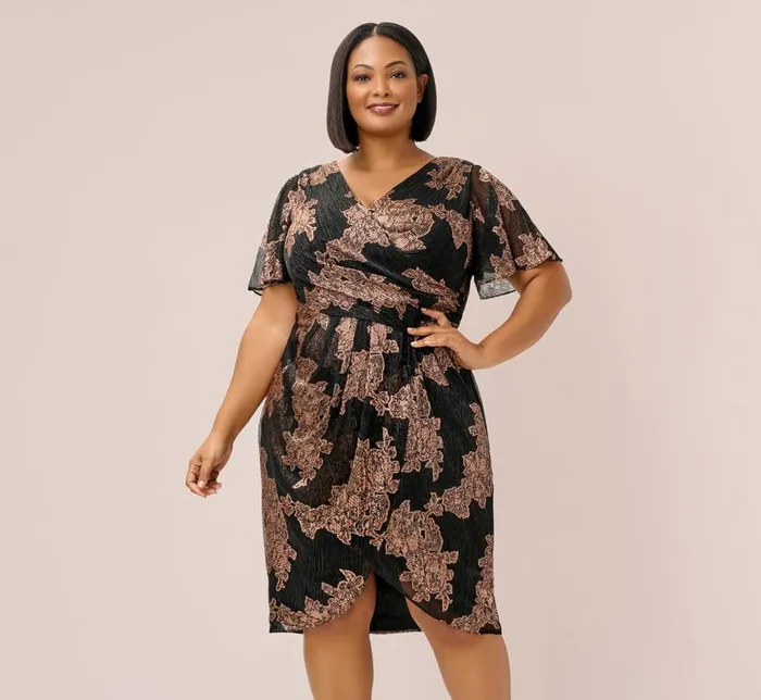 Adrianna Papell Formal Dresses Plus Size Metallic Foil Crinkled Mesh MidiLength Wrap Dress In Rose Gold Black 8211 Women Adrianna Papell Formal Dresses Plus Size Metallic Foil Crinkled Mesh MidiLength Wrap Dress In Rose Gold Black 8211 Women