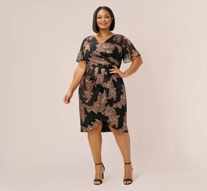 Adrianna Papell Formal Dresses Plus Size Metallic Foil Crinkled Mesh MidiLength Wrap Dress In Rose Gold Black 8211 Women