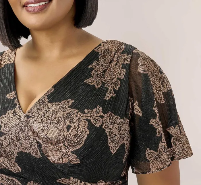 Adrianna Papell Formal Dresses Plus Size Metallic Foil Crinkled Mesh MidiLength Wrap Dress In Rose Gold Black 8211 Women