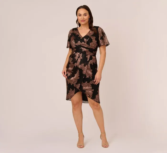Adrianna Papell Formal Dresses Plus Size Metallic Foil Crinkled Mesh MidiLength Wrap Dress In Rose Gold Black 8211 Women