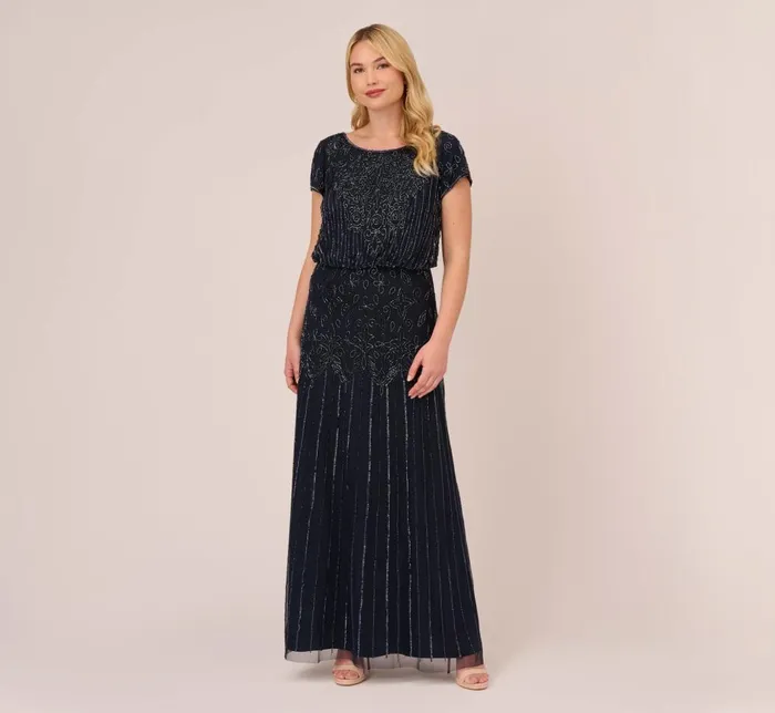 Adrianna Papell Formal Dresses Plus Size Short Sleeve Blouson Beaded Gown In Navy 8211 Women Adrianna Papell Formal Dresses Plus Size Short Sleeve Blouson Beaded Gown In Navy 8211 Women