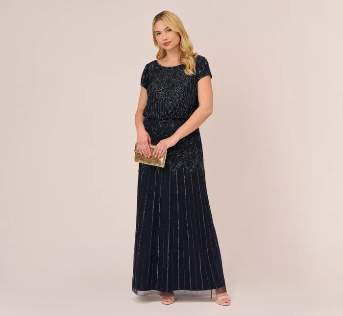 Adrianna Papell Formal Dresses Plus Size Short Sleeve Blouson Beaded Gown In Navy 8211 Women