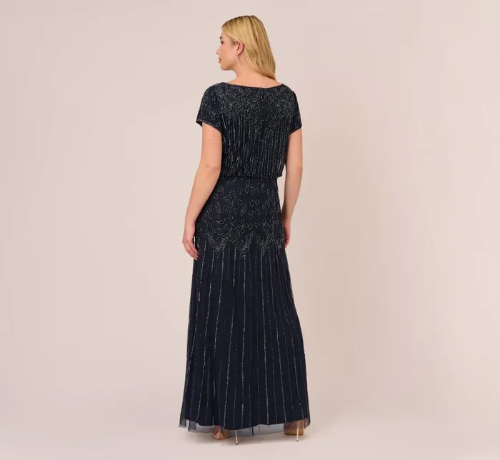 Adrianna Papell Formal Dresses Plus Size Short Sleeve Blouson Beaded Gown In Navy 8211 Women