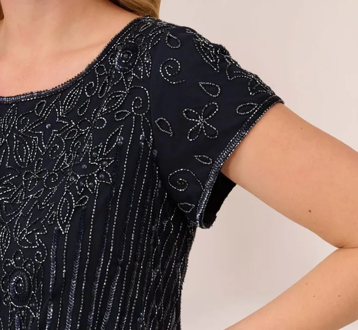 Adrianna Papell Formal Dresses Plus Size Short Sleeve Blouson Beaded Gown In Navy 8211 Women