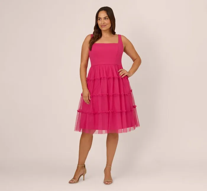 Adrianna Papell Formal Dresses Plus Size Sleeveless Midi Dress With Square Neck And Tiered Skirt In Bright Rose 8211 Women
