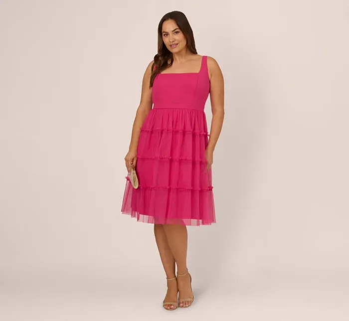 Adrianna Papell Formal Dresses Plus Size Sleeveless Midi Dress With Square Neck And Tiered Skirt In Bright Rose 8211 Women