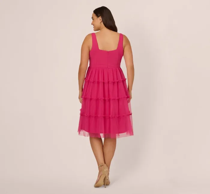Adrianna Papell Formal Dresses Plus Size Sleeveless Midi Dress With Square Neck And Tiered Skirt In Bright Rose 8211 Women