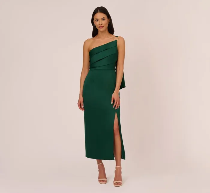 Adrianna Papell Formal Dresses Satin Crepe One Shoulder Gown With Metal Ring Accent In Deep Forest 8211 Women