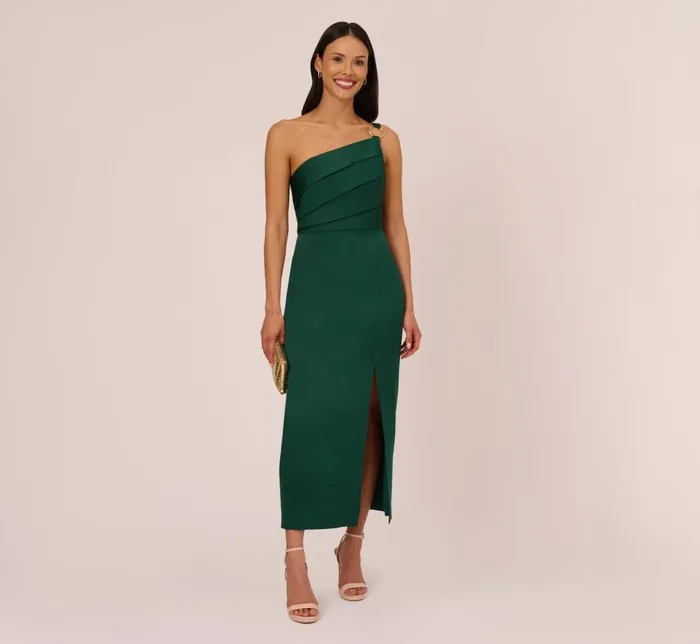 Adrianna Papell Formal Dresses Satin Crepe One Shoulder Gown With Metal Ring Accent In Deep Forest 8211 Women