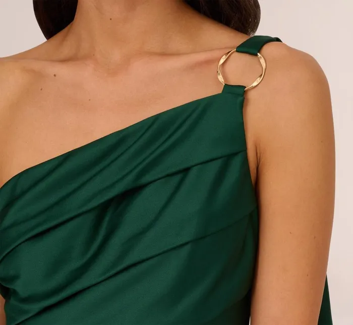 Adrianna Papell Formal Dresses Satin Crepe One Shoulder Gown With Metal Ring Accent In Deep Forest 8211 Women