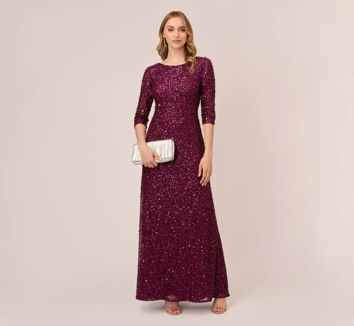 Adrianna Papell Formal Dresses Scoop Back Sequin Gown With Three Quarter Sleeves In Cabernet 8211 Women