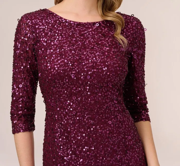 Adrianna Papell Formal Dresses Scoop Back Sequin Gown With Three Quarter Sleeves In Cabernet 8211 Women