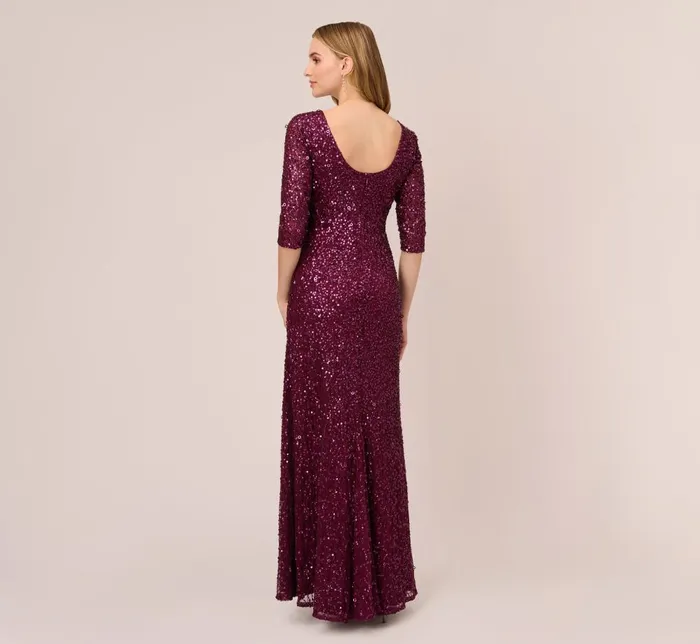 Adrianna Papell Formal Dresses Scoop Back Sequin Gown With Three Quarter Sleeves In Cabernet 8211 Women