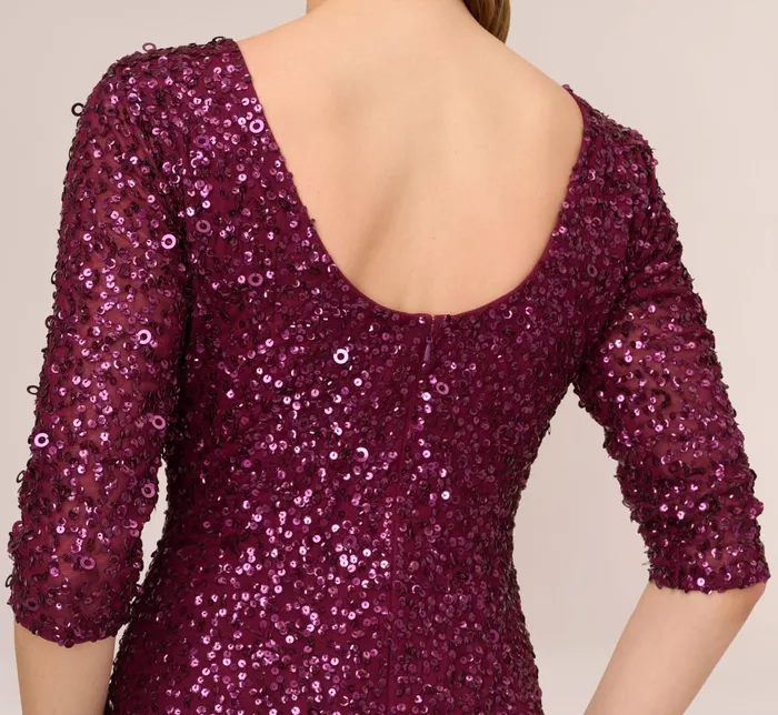 Adrianna Papell Formal Dresses Scoop Back Sequin Gown With Three Quarter Sleeves In Cabernet 8211 Women