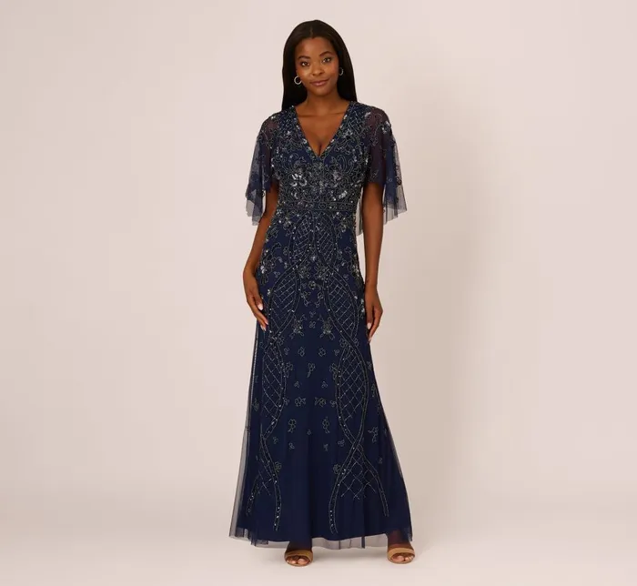 Adrianna Papell Formal Dresses Sequin Beaded Gown With Sheer Cape Sleeves In Light Navy 8211 Women
