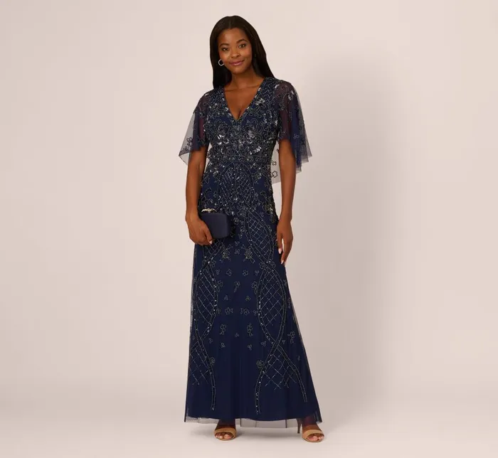 Adrianna Papell Formal Dresses Sequin Beaded Gown With Sheer Cape Sleeves In Light Navy 8211 Women
