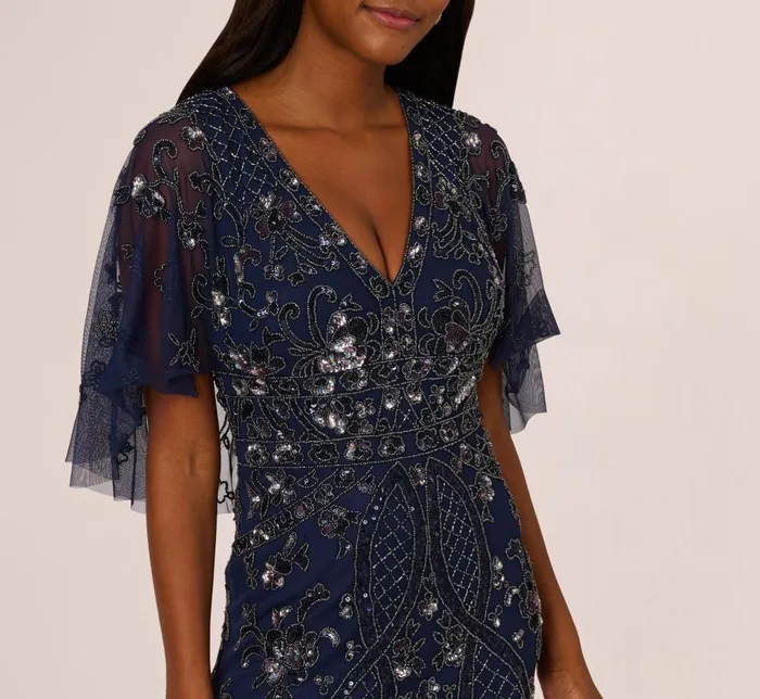 Adrianna Papell Formal Dresses Sequin Beaded Gown With Sheer Cape Sleeves In Light Navy 8211 Women