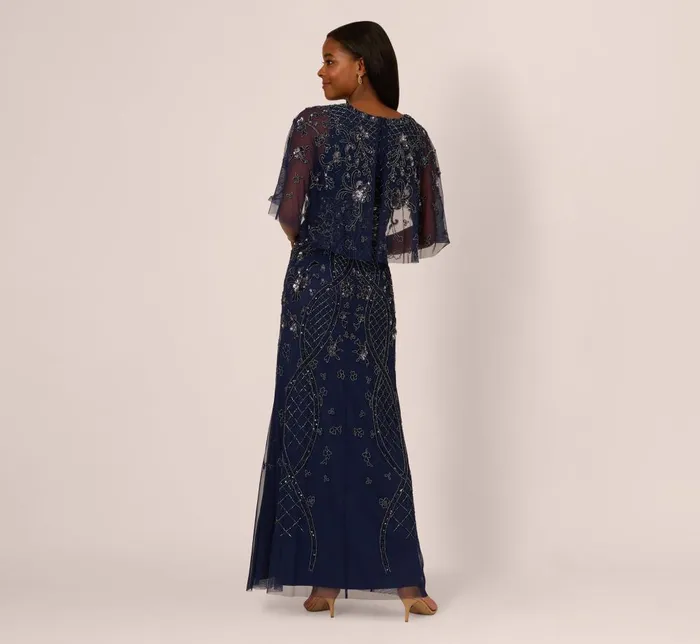 Adrianna Papell Formal Dresses Sequin Beaded Gown With Sheer Cape Sleeves In Light Navy 8211 Women