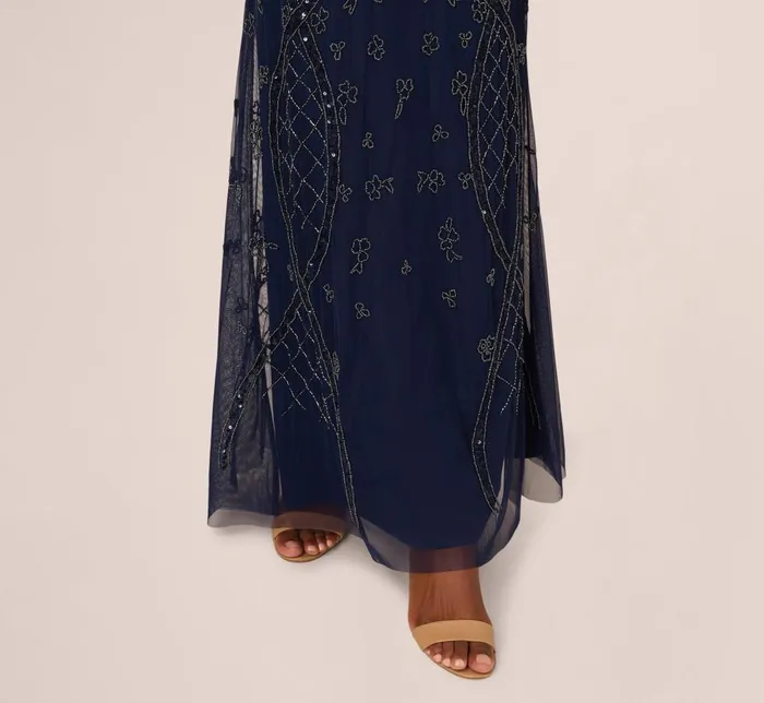 Adrianna Papell Formal Dresses Sequin Beaded Gown With Sheer Cape Sleeves In Light Navy 8211 Women