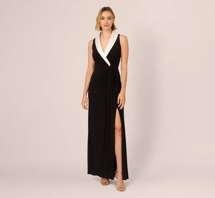 Adrianna Papell Formal Dresses Shawl Collar Jersey Gown In Black Ivory 8211 Women