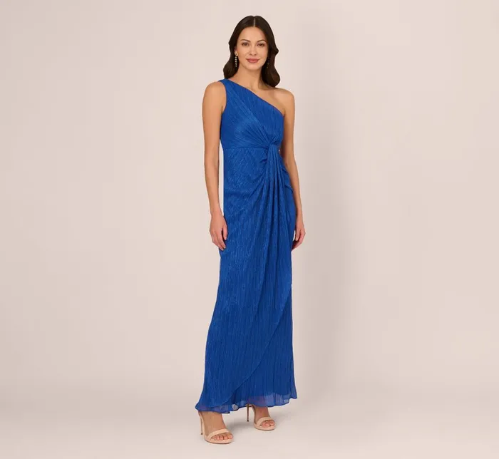 Adrianna Papell Formal Dresses Stardust Pleated Draped One Shoulder Gown In Brilliant Sapphire 8211 Women
