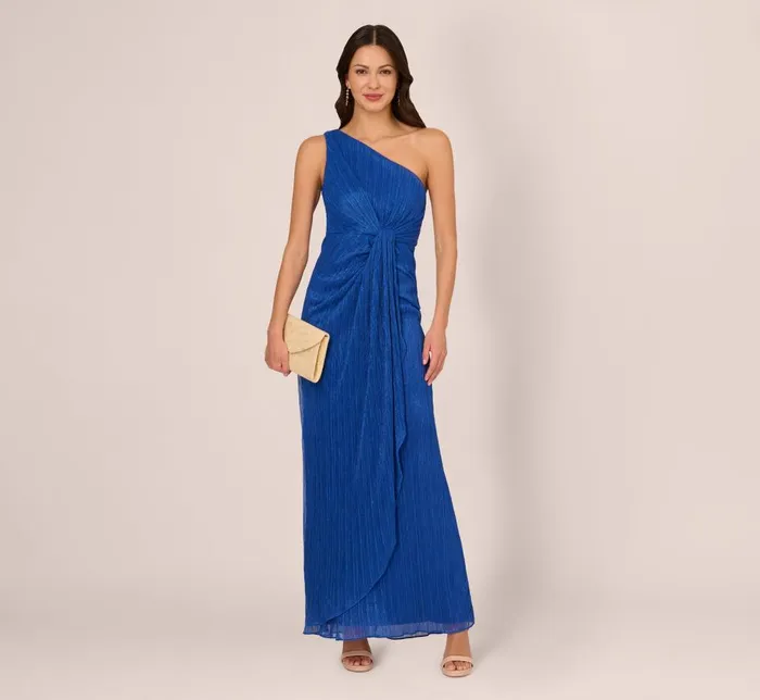 Adrianna Papell Formal Dresses Stardust Pleated Draped One Shoulder Gown In Brilliant Sapphire 8211 Women
