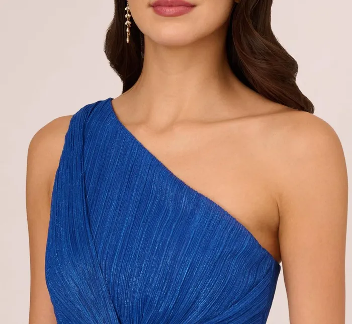 Adrianna Papell Formal Dresses Stardust Pleated Draped One Shoulder Gown In Brilliant Sapphire 8211 Women