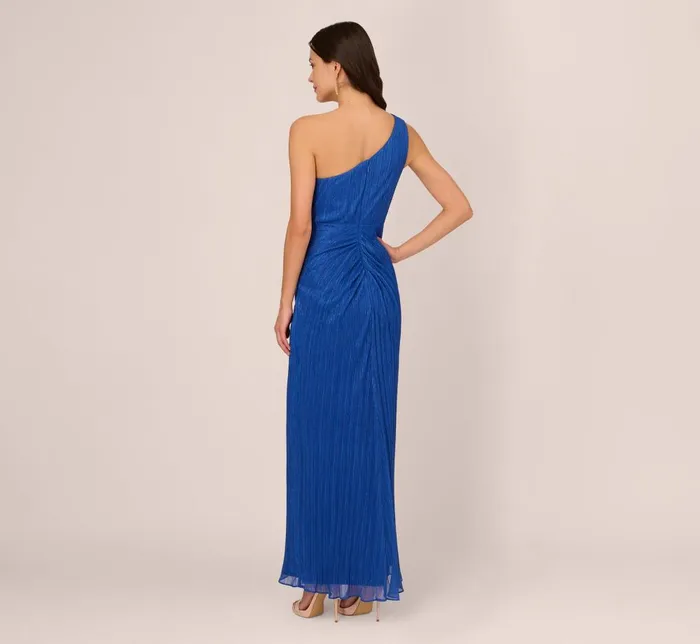 Adrianna Papell Formal Dresses Stardust Pleated Draped One Shoulder Gown In Brilliant Sapphire 8211 Women