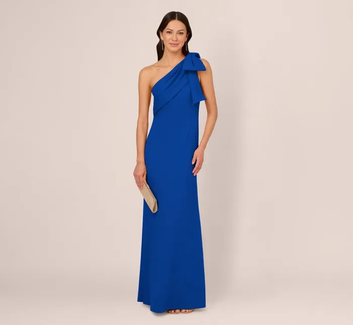 Adrianna Papell Formal Dresses Stretch Crepe One Shoulder Mermaid Gown With Bow Accent In Violet Cobalt 8211 Women