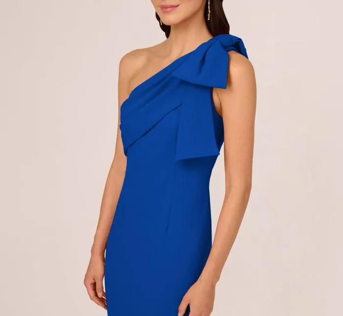 Adrianna Papell Formal Dresses Stretch Crepe One Shoulder Mermaid Gown With Bow Accent In Violet Cobalt 8211 Women