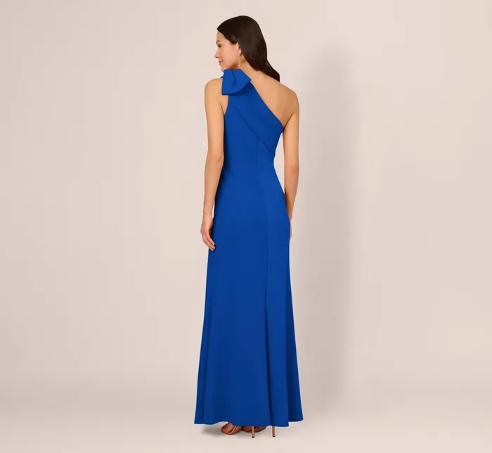 Adrianna Papell Formal Dresses Stretch Crepe One Shoulder Mermaid Gown With Bow Accent In Violet Cobalt 8211 Women