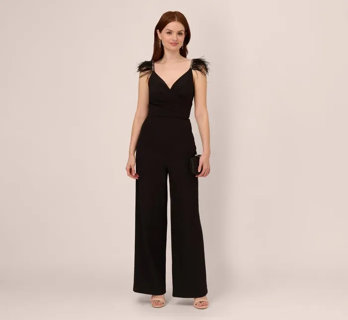 Adrianna Papell Jumpsuits Crepe Wide Leg Jumpsuit With Bead And Feather Accents In Black 8211 Women