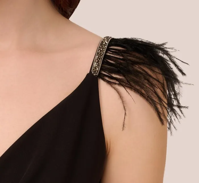 Adrianna Papell Jumpsuits Crepe Wide Leg Jumpsuit With Bead And Feather Accents In Black 8211 Women