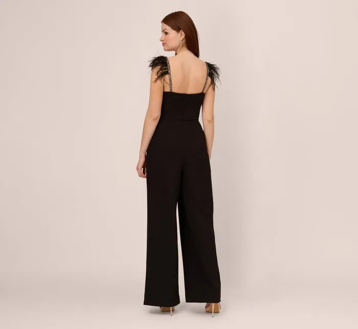 Adrianna Papell Jumpsuits Crepe Wide Leg Jumpsuit With Bead And Feather Accents In Black 8211 Women