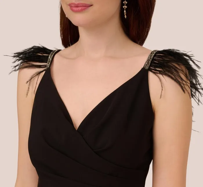 Adrianna Papell Jumpsuits Crepe Wide Leg Jumpsuit With Bead And Feather Accents In Black 8211 Women