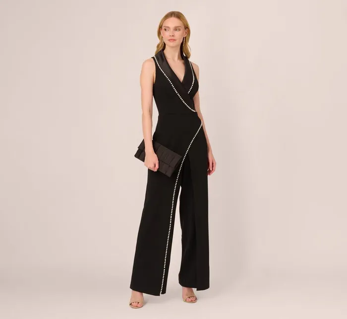 Adrianna Papell Jumpsuits Sleeveless Crepe Tuxedo Jumpsuit With Pearl Trim In Black 8211 Women