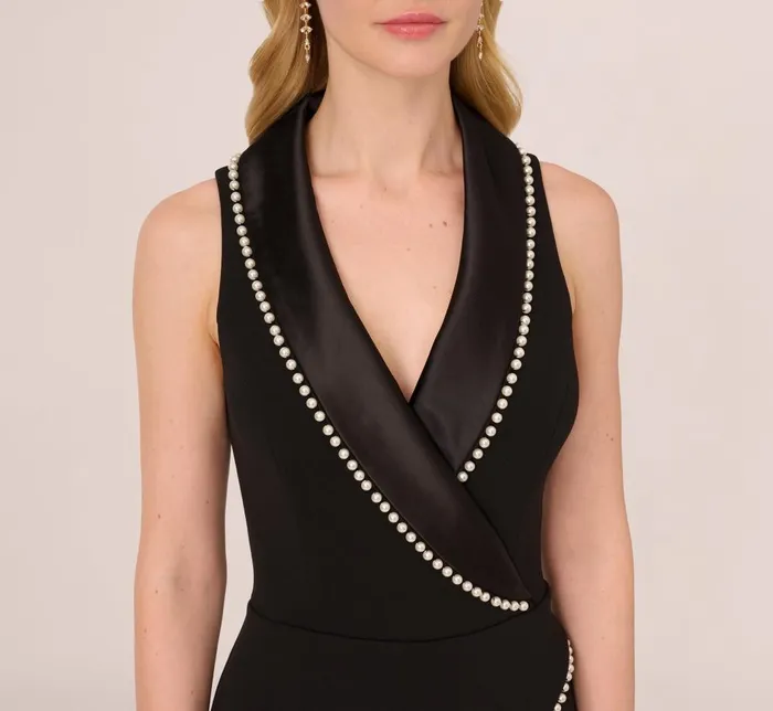 Adrianna Papell Jumpsuits Sleeveless Crepe Tuxedo Jumpsuit With Pearl Trim In Black 8211 Women