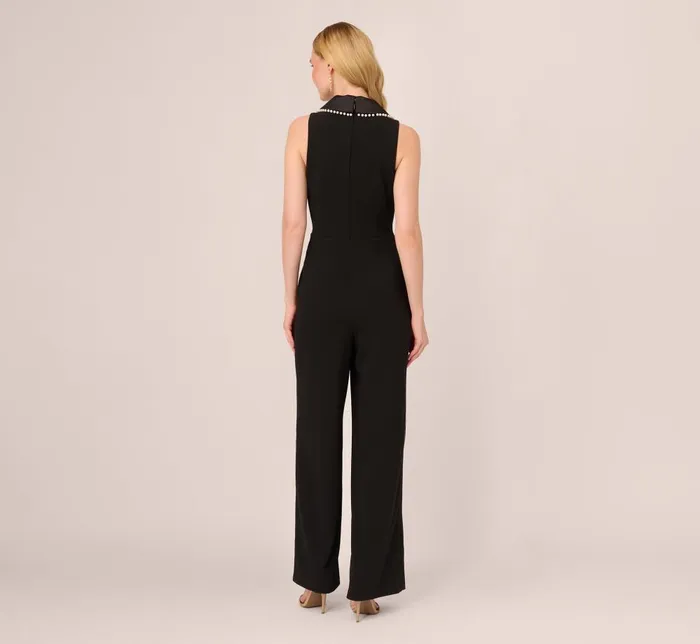 Adrianna Papell Jumpsuits Sleeveless Crepe Tuxedo Jumpsuit With Pearl Trim In Black 8211 Women