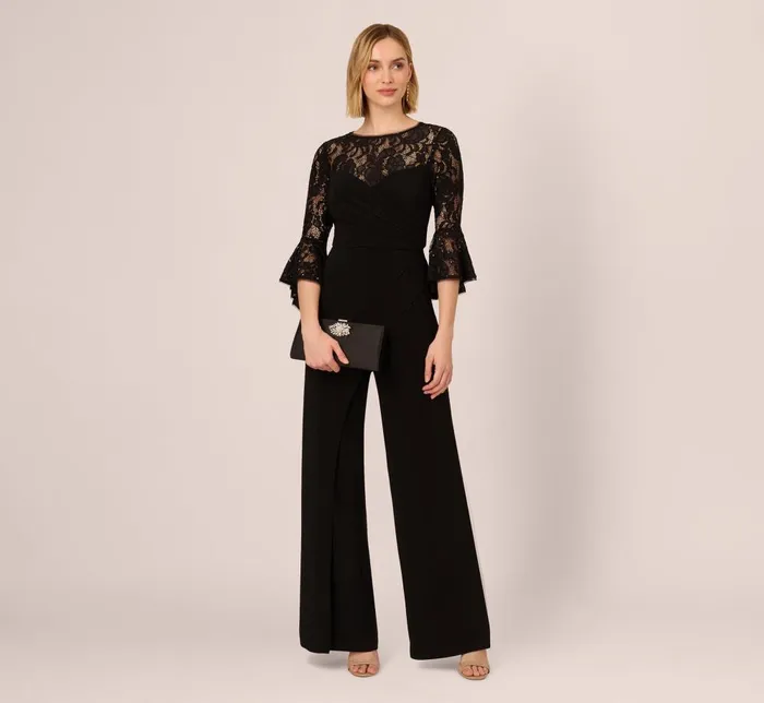 Adrianna Papell Jumpsuits Wide Leg Jersey Jumpsuit With Sheer Lace Bell Sleeves In Black 8211 Women