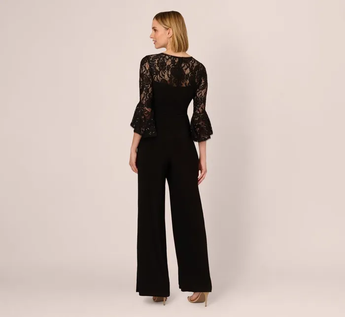 Adrianna Papell Jumpsuits Wide Leg Jersey Jumpsuit With Sheer Lace Bell Sleeves In Black 8211 Women