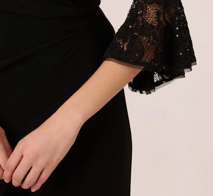 Adrianna Papell Jumpsuits Wide Leg Jersey Jumpsuit With Sheer Lace Bell Sleeves In Black 8211 Women
