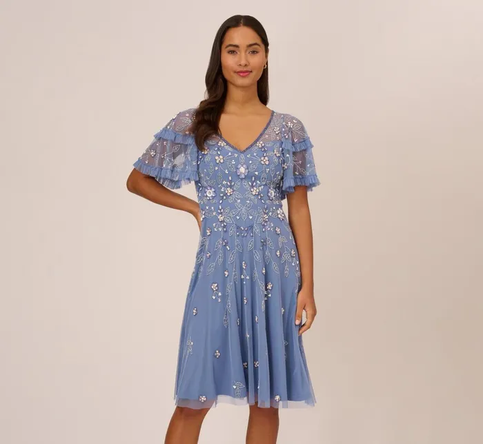 Adrianna Papell Wedding Guest Dresses Beaded Midi Dress With Sheer Ruffled Sleeves In French Blue 8211 Women Adrianna Papell Wedding Guest Dresses Beaded Midi Dress With Sheer Ruffled Sleeves In French Blue 8211 Women