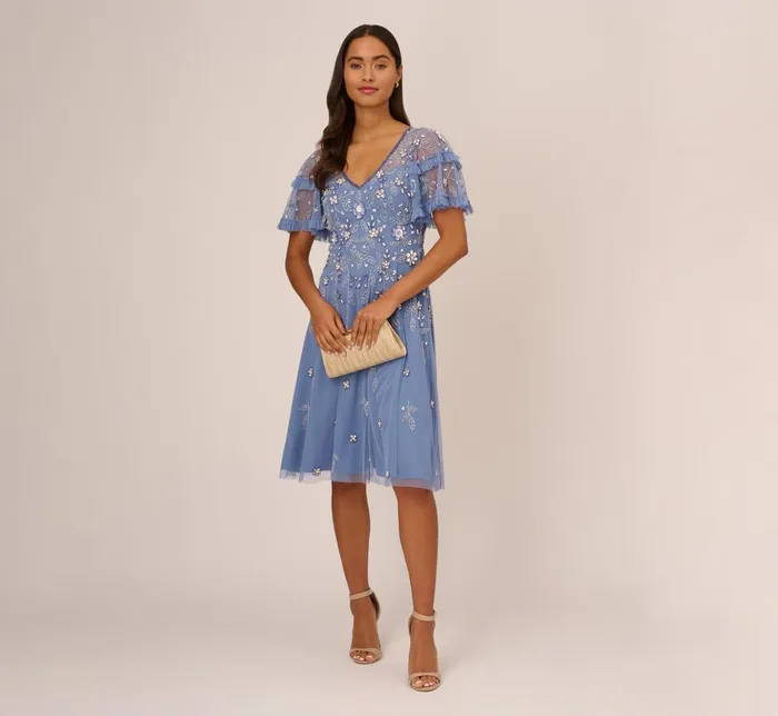 Adrianna Papell Wedding Guest Dresses Beaded Midi Dress With Sheer Ruffled Sleeves In French Blue 8211 Women