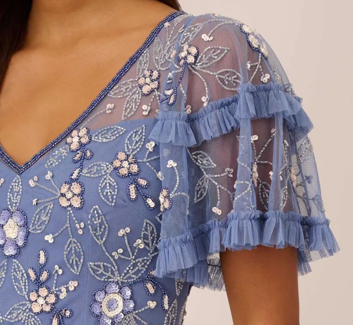Adrianna Papell Wedding Guest Dresses Beaded Midi Dress With Sheer Ruffled Sleeves In French Blue 8211 Women
