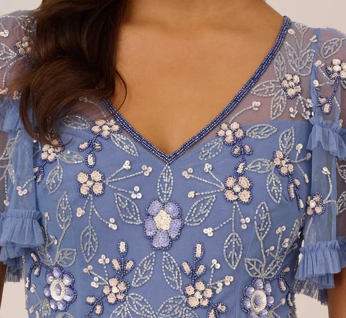 Adrianna Papell Wedding Guest Dresses Beaded Midi Dress With Sheer Ruffled Sleeves In French Blue 8211 Women