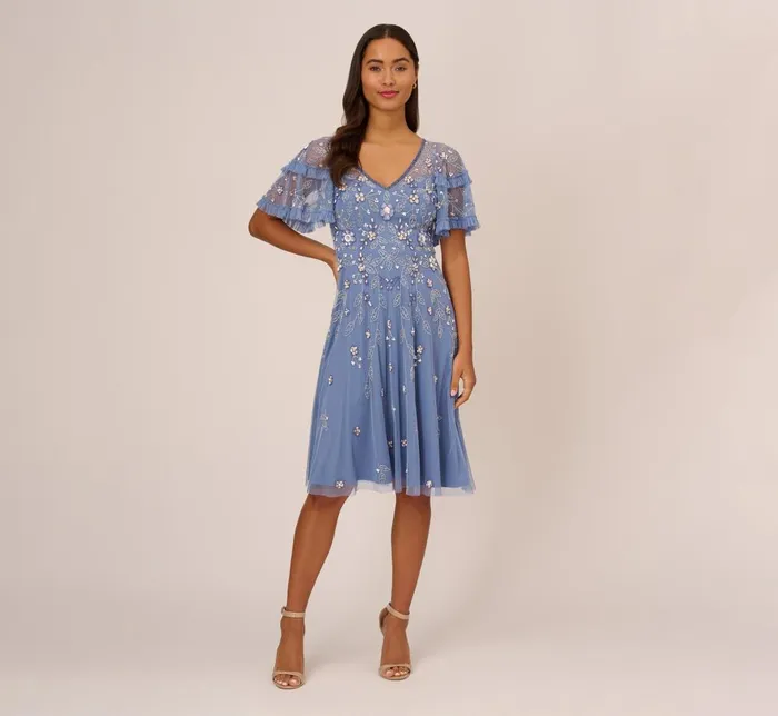 Adrianna Papell Wedding Guest Dresses Beaded Midi Dress With Sheer Ruffled Sleeves In French Blue 8211 Women
