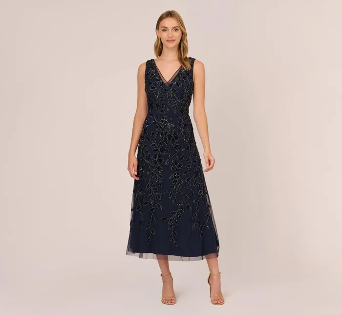 Adrianna Papell Wedding Guest Dresses Floral Beaded Ankle Length Sleeveless Gown In Navy 8211 Women Adrianna Papell Wedding Guest Dresses Floral Beaded Ankle Length Sleeveless Gown In Navy 8211 Women