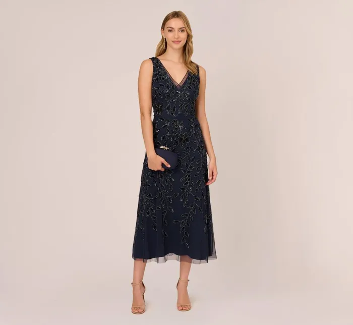 Adrianna Papell Wedding Guest Dresses Floral Beaded Ankle Length Sleeveless Gown In Navy 8211 Women