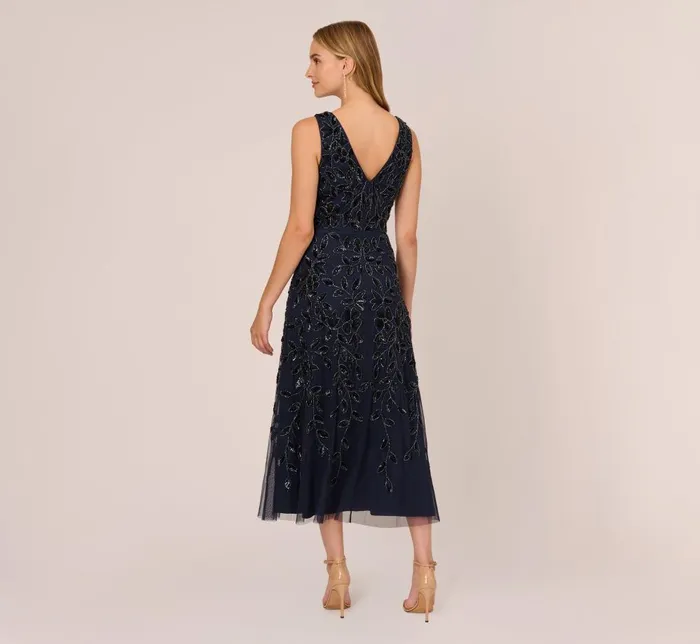 Adrianna Papell Wedding Guest Dresses Floral Beaded Ankle Length Sleeveless Gown In Navy 8211 Women